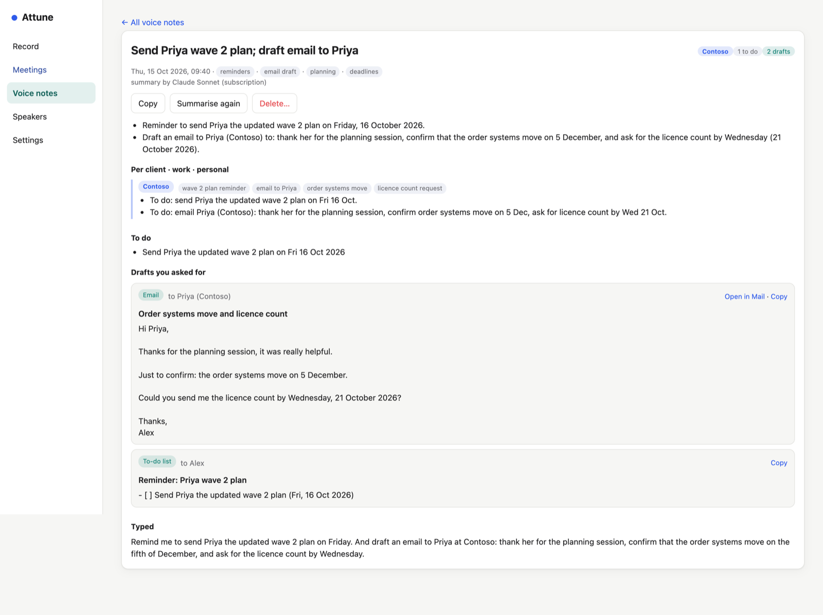 A voice note with an email draft